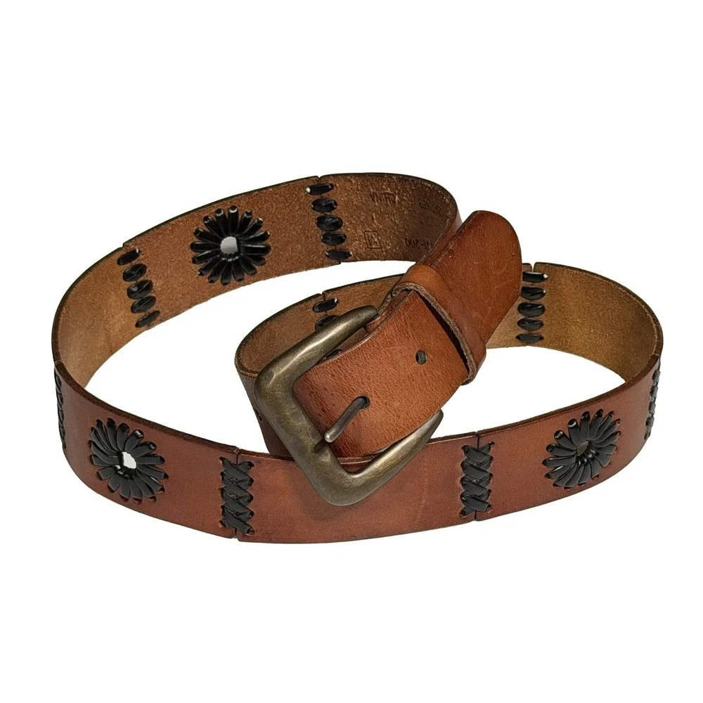 Leather Flower Stitched Brown Belt Women's  Medium Boho Whimsy Fits 34